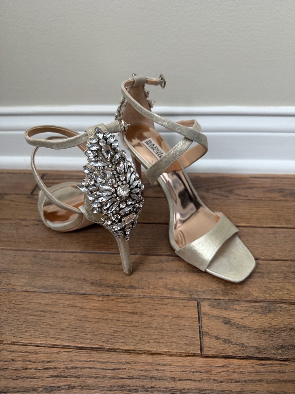 Badgley Mischka Champagne Crystal-Embellished Strappy Heels